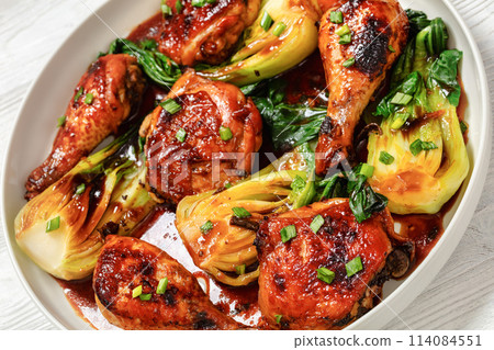 roasted asian glazed chicken thighs with bok choy roasted asian glazed chicken thighs with bok choy 114084551