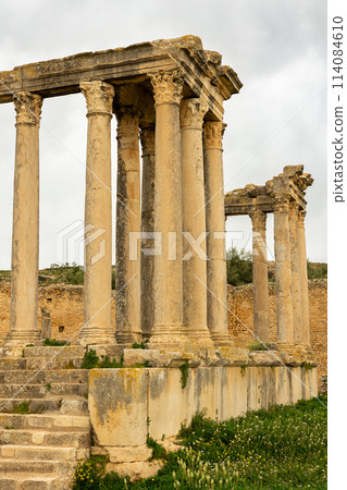 Temple building details of Juno Celestis, archaeological site of ancient Roman Dougga, Tunisia Temple building details of Juno Celestis, archaeological site of ancient Roman Dougga, Tunisia 114084610