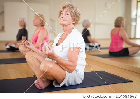 Group of mature women meditates in the half-lotus position Group of mature women meditates in the half-lotus position 114084668