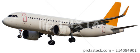 View of passenger airplane isolated on white background 114084901