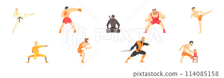 Man as Martial Arts Fighter and Warrior Vector Set 114085158