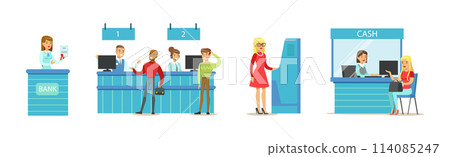 People Clients in Bank Office Talk to Consultant Vector Set 114085247