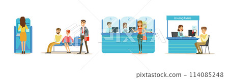 People Clients in Bank Office Talk to Consultant Vector Set 114085248