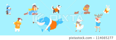Funny Animal Character Wearing Winter Clothes Vector Set 114085277