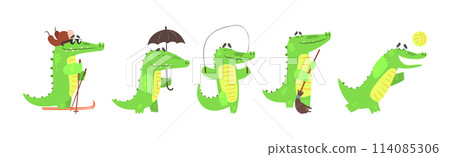 Cute Green Crocodile Animal Engaged in Different Activity Vector Set 114085306