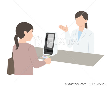 A woman at the reception desk using her My Number health insurance card and a woman in a white coat 114085342