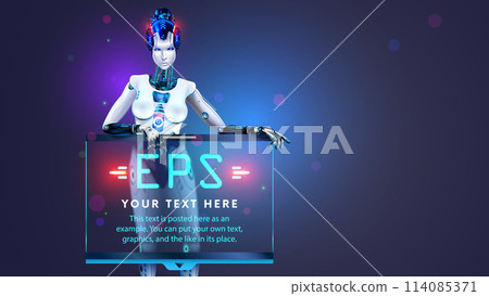 AI or artificial intelligence in the form of a humanoid female robot holds an empty poster or screen template in its hands. Vector. AI bot presents business report. Robot Speaker presentation about AI AI or artificial intelligence in the form of a humanoid female robot holds an empty poster or screen template in its hands. Vector. AI bot presents business report. Robot Speaker presentation about AI 114085371
