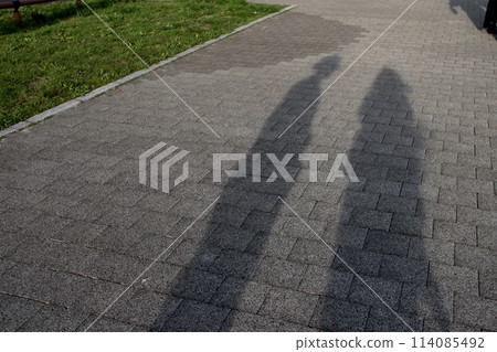 The shadows of two people stretching out 114085492