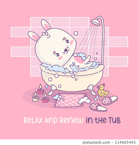 Cute bunny rests in bubble bath. Whimsical relaxed in bathroom cartoon kawaii animal character is shower. Vector illustration. Cool card about water treatments and relaxing. 114085493