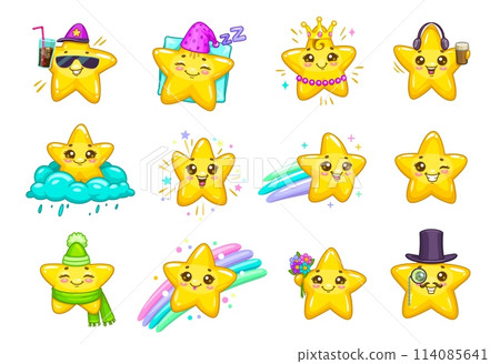 Cartoon cute kawaii stars and twinkle personage characters with happy smiles and faces. Shooting, winking and sleeping stars emoticons with cloud, rainbow, princess gold crown, sunglasses and flowers 114085641