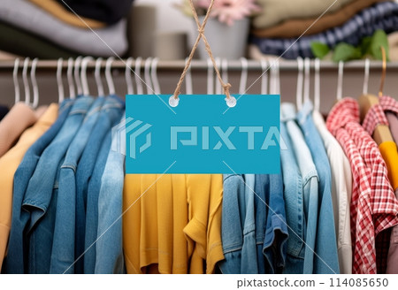 Blank blue label hanging on a rack with assorted casual clothing in the background. 114085650