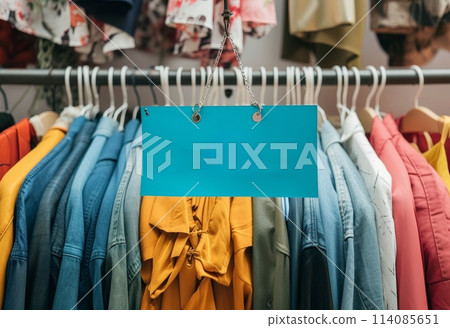 Blank blue label hanging on a rack with assorted casual clothing in the background. 114085651