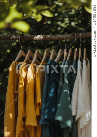 A row of colorful dresses hanging outdoors, blending with the natural surroundings. 114085652