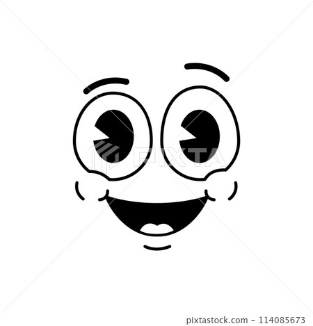 Cartoon funny comic groovy smiling face emotion and retro cute emoji character. Isolated vector cheeky smile facial expression radiating infectious joy. Personage spreading laughter and positive vibes 114085673