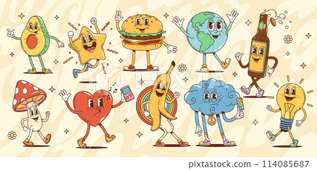 Cartoon groovy characters, mushroom and avocado, star and burger, globe and beer bottle, heart and banana, cloud and light bulb. Vector funky psychedelic personages in retro cartoon hippie 60s or 70s Cartoon groovy characters, mushroom and avocado, star and burger, globe and beer bottle, heart and banana, cloud and light bulb. Vector funky psychedelic personages in retro cartoon hippie 60s or 70s 114085687