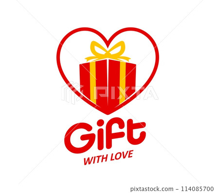 Gift box and heart love icon or birthday surprise or gifts shop, vector emblem. Red gift box with yellow ribbon in heart frame symbol for present store, wedding or Valentine and birthday surprise sign Gift box and heart love icon or birthday surprise or gifts shop, vector emblem. Red gift box with yellow ribbon in heart frame symbol for present store, wedding or Valentine and birthday surprise sign 114085700