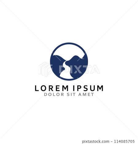 Logos of rivers, creeks, riverbanks and streams. River logo with combination of mountains and farmland with concept design vector illustration template. 114085705