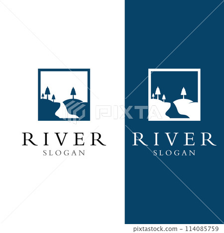 Logos of rivers, creeks, riverbanks and streams. River logo with combination of mountains and farmland with concept design vector illustration template. 114085759