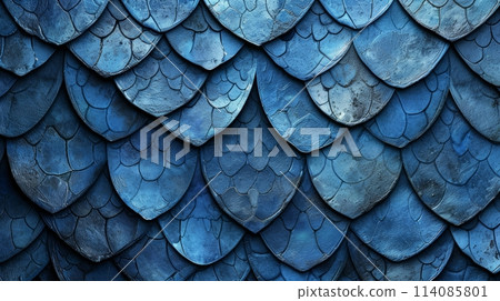Rich blue fish scales with intricate detailing and a shimmering surface. 114085801