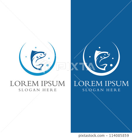 Fish logo, fishinghook, fish oil and seafood restaurant icon. With vector icon concept design illustration template 114085859
