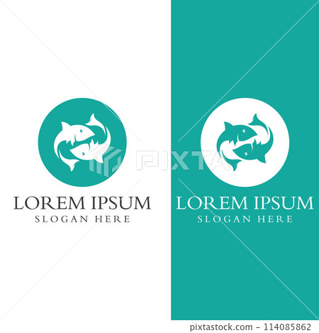 Fish logo, fishinghook, fish oil and seafood restaurant icon. With vector icon concept design illustration template 114085862