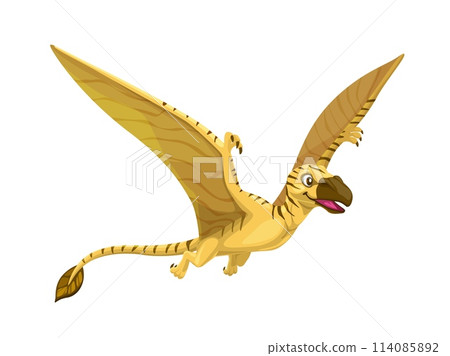 Cartoon dimorphodon dinosaur character. Isolated vector small pterosaur from the early jurassic period. Flying ancient dino bird with distinctive double-crested skull, long tail and large wingspan Cartoon dimorphodon dinosaur character. Isolated vector small pterosaur from the early jurassic period. Flying ancient dino bird with distinctive double-crested skull, long tail and large wingspan 114085892