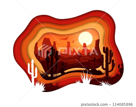 Mexican desert landscape in paper cut shape with cactus and mountains, vector background. Mexico, Texas or Arizona desert valley with canyon rocks, flying eagles and sun in sky in paper cut layers Mexican desert landscape in paper cut shape with cactus and mountains, vector background. Mexico, Texas or Arizona desert valley with canyon rocks, flying eagles and sun in sky in paper cut layers 114085896