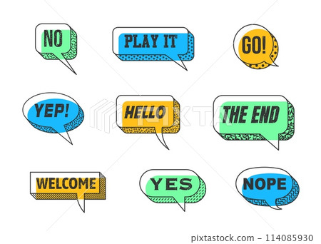 Memphis speech bubbles isolated vector set. Vibrant dialog clouds featuring bold colors, thick outlines and dynamic visual typography no, play it, go and yep, hello, the end, welcome, yes or nope Memphis speech bubbles isolated vector set. Vibrant dialog clouds featuring bold colors, thick outlines and dynamic visual typography no, play it, go and yep, hello, the end, welcome, yes or nope 114085930