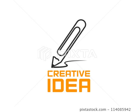 Design and education creative idea pencil icon. Vector paper clip pencil isolated symbol of smart solution, bright idea, knowledge and technological innovation. Marketing company sign with stationery 114085942