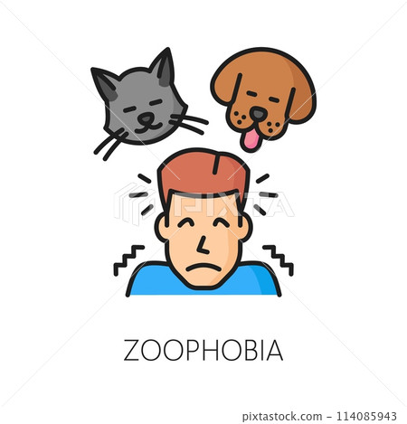 Human phobia or anxiety, psychology, zoophobia mental problem line color icon. Mental disorder, phobia or animals fear outline vector sign. Psychology problem outline sign with man scared of pets Human phobia or anxiety, psychology, zoophobia mental problem line color icon. Mental disorder, phobia or animals fear outline vector sign. Psychology problem outline sign with man scared of pets 114085943