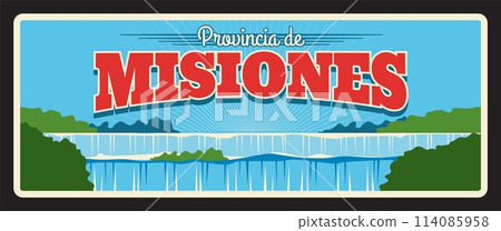 Misiones Argentine province vintage travel plate. Iguazu Falls nature landscape sign and retro sticker design. Iguacu Falls waterfalls of the Iguazu River, argentinian landmark tin plaque Misiones Argentine province vintage travel plate. Iguazu Falls nature landscape sign and retro sticker design. Iguacu Falls waterfalls of the Iguazu River, argentinian landmark tin plaque 114085958