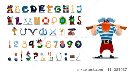 Cartoon pirate font, filibuster captain typeface or piracy type with corsair seaman, vector English alphabet. Pirates font ABC letters of marine anchor, pirate hat and cannon with filibuster sword 114085987