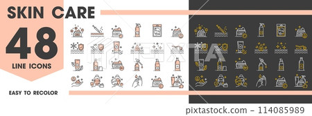 Face and hands skin care line icons, cosmetology and mesotherapy, vector symbols. Face skincare icons of cosmetic treatments, facial mask and cream or essence, peeling and moisturizer for hands 114085989