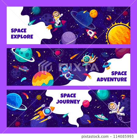 Space explore banners with cute alien and kid astronaut cheerful characters flying on rocket in space, galaxy planets and stars. Astronomy flight, universe exploration or cosmos travel vector banners 114085993