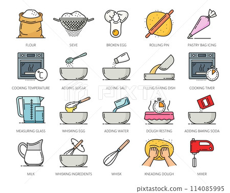 Color home bakery and pastry icons, cooking symbols of vector line food bake oven, flour and dough, kitchen tools and utensils. Eggs, spoon, bowl, whisk and mixer, sieve, rolling pin and pastry bag Color home bakery and pastry icons, cooking symbols of vector line food bake oven, flour and dough, kitchen tools and utensils. Eggs, spoon, bowl, whisk and mixer, sieve, rolling pin and pastry bag 114085995