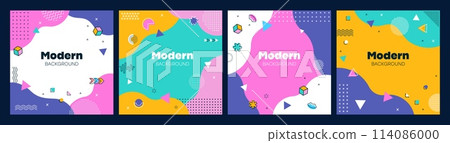 Modern aesthetic geometric Memphis banners. Vector square backgrounds or cards with vibrant colors, bold, irregular shapes and playful patterns. Social media templates, cover, colorful retro design Modern aesthetic geometric Memphis banners. Vector square backgrounds or cards with vibrant colors, bold, irregular shapes and playful patterns. Social media templates, cover, colorful retro design 114086000
