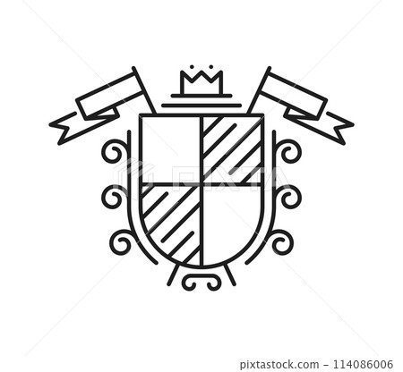 Medieval line heraldry coat of arms symbol. Isolated vector outline emblem of identity for knights and noble families, displayed on shield with flags and crown, representing lineage, honor or alliance 114086006