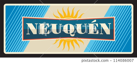Neuquen Argentine province vintage travel plate. Flag with sun, Argentinian coat of arms sign and retro sticker design. Argentine province of Neuquen and of the Confluencia Department Neuquen Argentine province vintage travel plate. Flag with sun, Argentinian coat of arms sign and retro sticker design. Argentine province of Neuquen and of the Confluencia Department 114086007