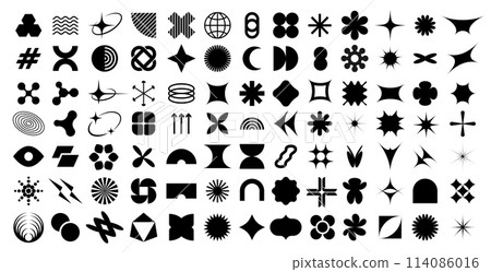 Brutalism geometric figures and futuristic Y2K abstract shapes, vector icons. Abstract and simple primitive shape elements of star, sun or triangle and cubes with wave and spiral for Brutalism pattern Brutalism geometric figures and futuristic Y2K abstract shapes, vector icons. Abstract and simple primitive shape elements of star, sun or triangle and cubes with wave and spiral for Brutalism pattern 114086016