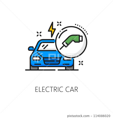 Dealership, electric car company, auto dealer thin line icon. EV official salon, vehicle dealer or auto dealership vector pictogram. Electric automobile lease center outline icon with charging cable 114086020