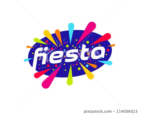 Fun carnival event, fiesta holiday party symbol with colorful firework burst or paint splashes. Isolated vector celebratory festive event celebration label or emblem. Traditional festival, party, show 114086023