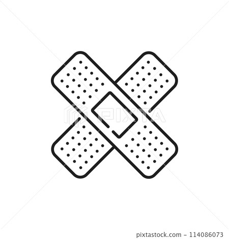Pharmacy medical patch thin line icon or symbol. Pharmaceutical treatment, pharmacy product or drugstore aid linear vector symbol. Medicine, health care outline icon or sign with crossed patches 114086073