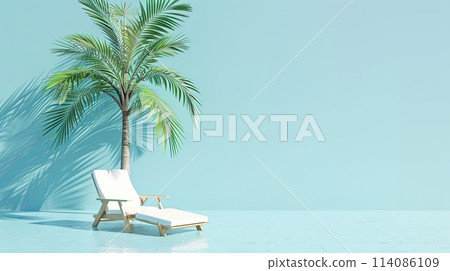 white sun lounger under a palm tree on a blue background, summer holiday concept white sun lounger under a palm tree on a blue background, summer holiday concept 114086109