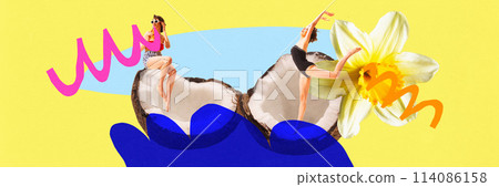 Banner. Contemporary art collage. Two women in swimsuits pose on cut coconuts, with giant flower and lines in background. 114086158