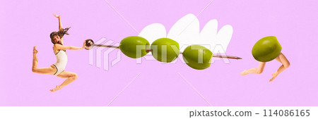 Banner. Contemporary art collage. Women interacting with skewer with green olives on vibrant purple backdrop. 114086165