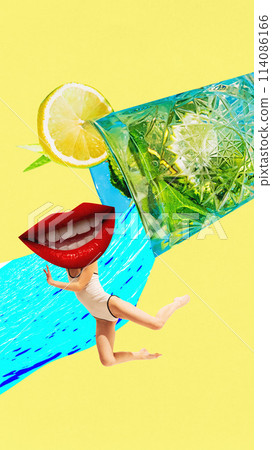 Poster. Contemporary art collage. Woman in swim suit with smile instead of head swimming from glass of refreshing mojito. Poster. Contemporary art collage. Woman in swim suit with smile instead of head swimming from glass of refreshing mojito. 114086166
