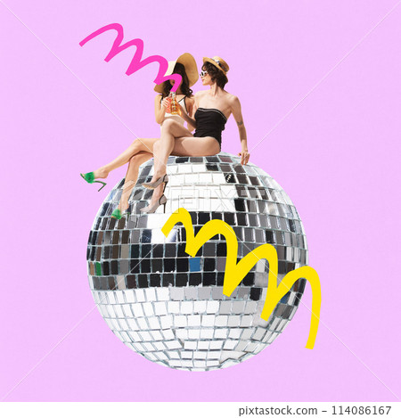 Poster. Contemporary art collage. Two women in swim suits sitting on night ball and drinking refreshing cocktails against lavender background. Poster. Contemporary art collage. Two women in swim suits sitting on night ball and drinking refreshing cocktails against lavender background. 114086167