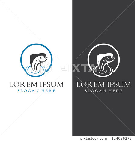 Fish logo, fishinghook, fish oil and seafood restaurant icon. With vector icon concept design illustration template 114086275