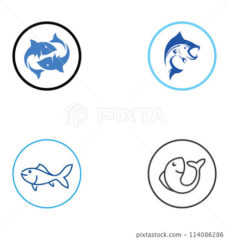 Fish logo, fishinghook, fish oil and seafood restaurant icon. With vector icon concept design illustration template 114086286