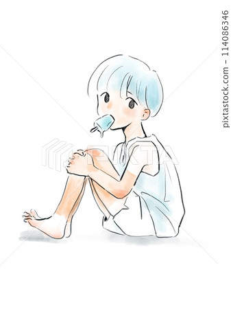 Sunburned child eating ice cream 114086346